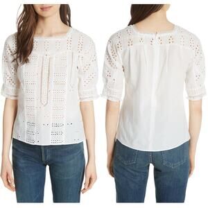 Maje Blouse Eyelet Lace White Cotton Short Sleeve Pullover